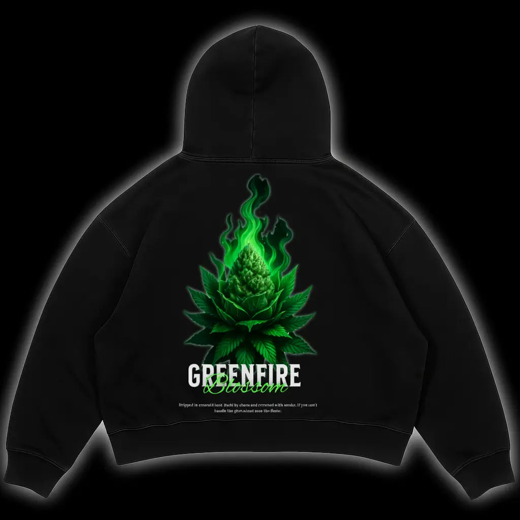 Schwarzer Oversize Hoodie Greenfire Blossom von Blaze Bae mit grünem Flammen-Design und Botanik-Motiv – Unisex Streetwear