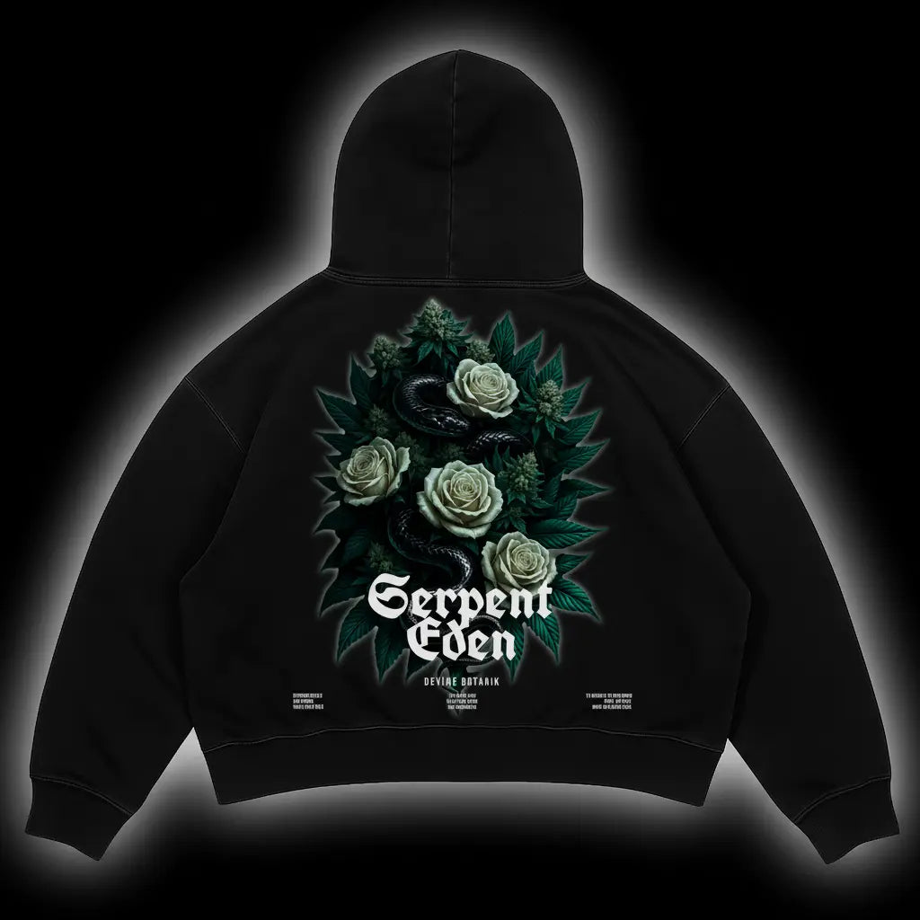 Schwarzer Oversize Hoodie Serpent Eden mit Schlangen-und-Rosen-Print in Lila oder Grün von Blaze Bae Streetwear