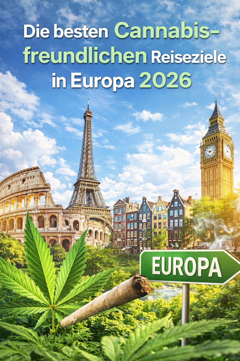Collage europäischer Wahrzeichen wie Eiffelturm, Kolosseum und Big Ben mit Cannabisblatt und Joint im Vordergrund, Titel „Die besten Cannabis-freundlichen Reiseziele in Europa 2026“, blauer Himmel im Hintergrund.