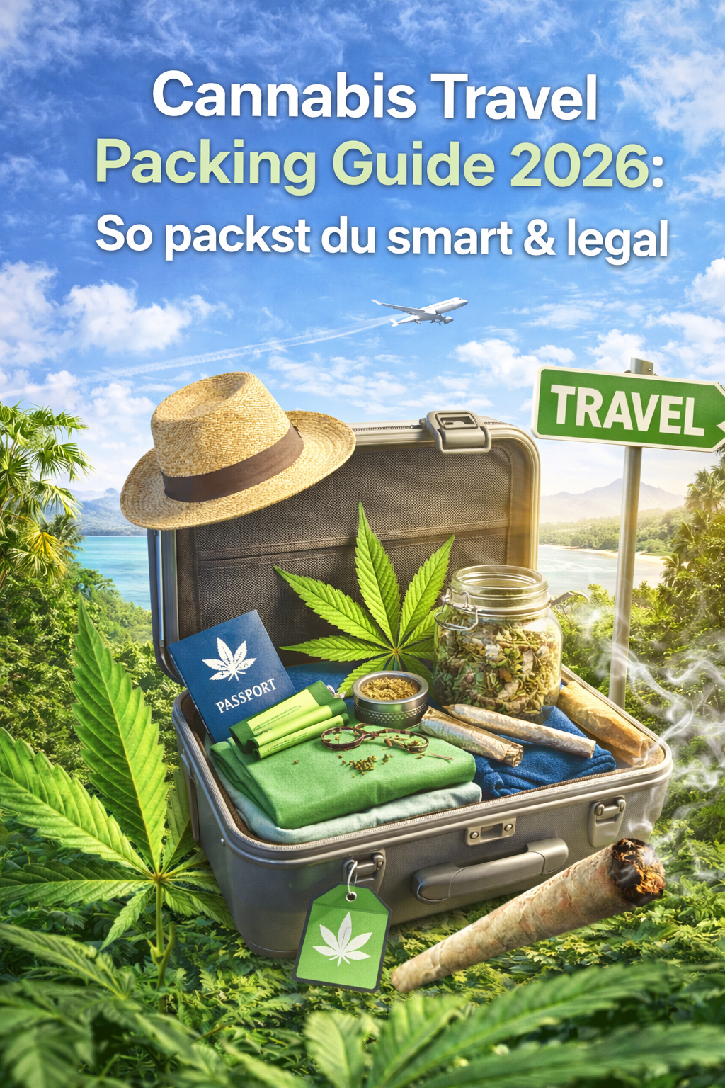 Offener Koffer mit Cannabisblatt, Glas mit Buds, Grinder, Papers und Reisepass vor tropischer Landschaft, Titel „Cannabis Travel Packing Guide 2026: So packst du smart & legal“.