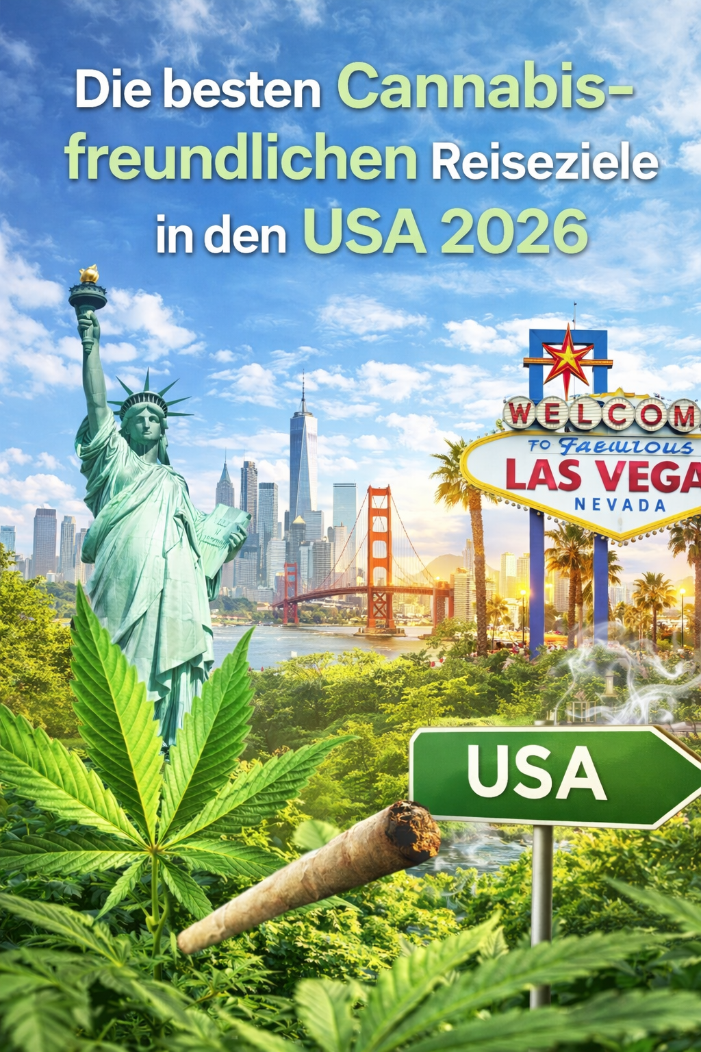 Collage mit Freiheitsstatue, Golden Gate Bridge, Las Vegas Schild und Skyline, Cannabisblatt und Joint im Vordergrund, Titel „Die besten Cannabis-freundlichen Reiseziele in den USA 2026“.