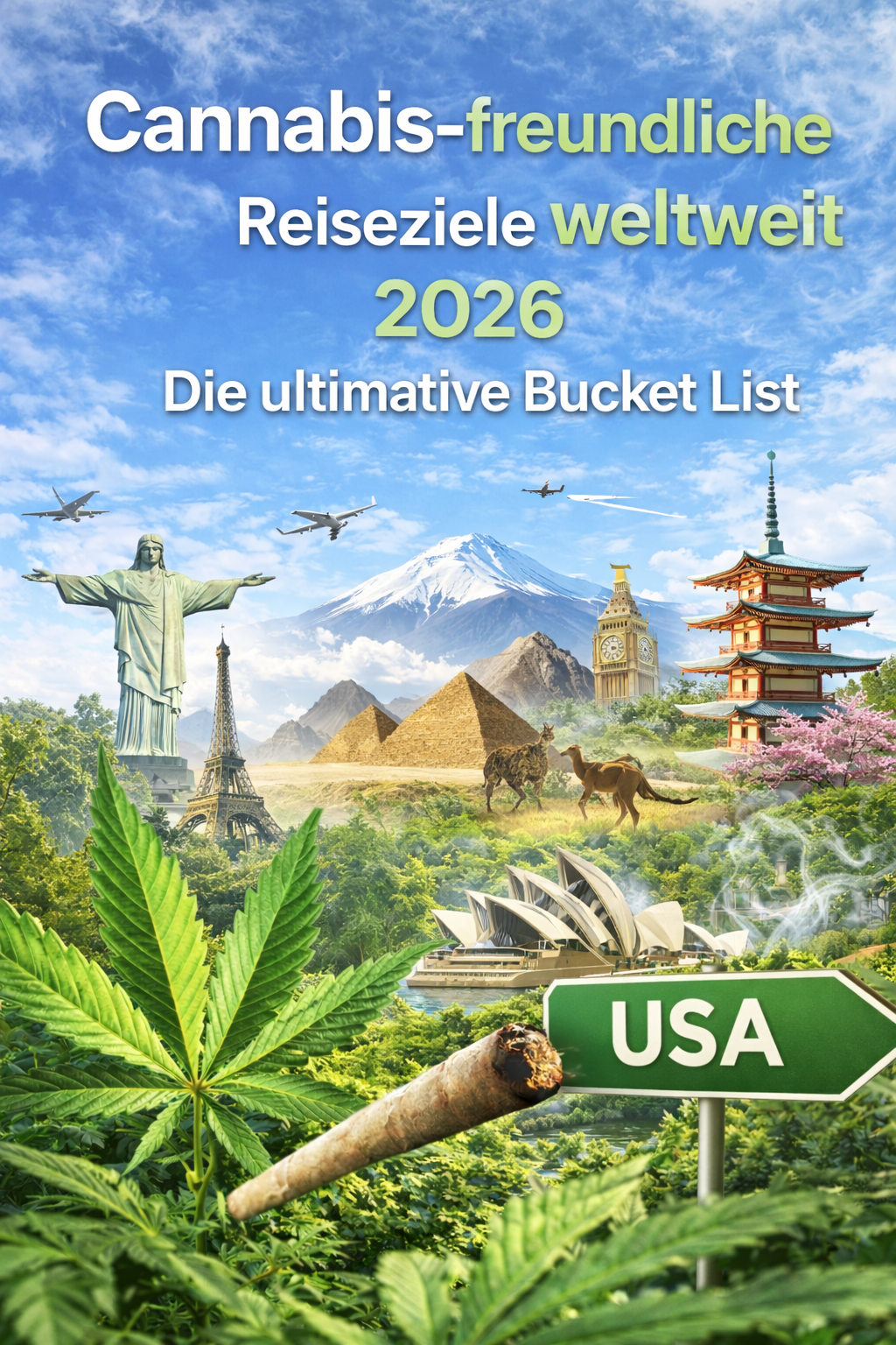 Weltweite Wahrzeichen wie Christusstatue, Pyramiden, Mount Fuji und Sydney Opera House kombiniert mit Cannabisblatt und Joint, Titel „Cannabis-freundliche Reiseziele weltweit 2026 – Die ultimative Bucket List“.