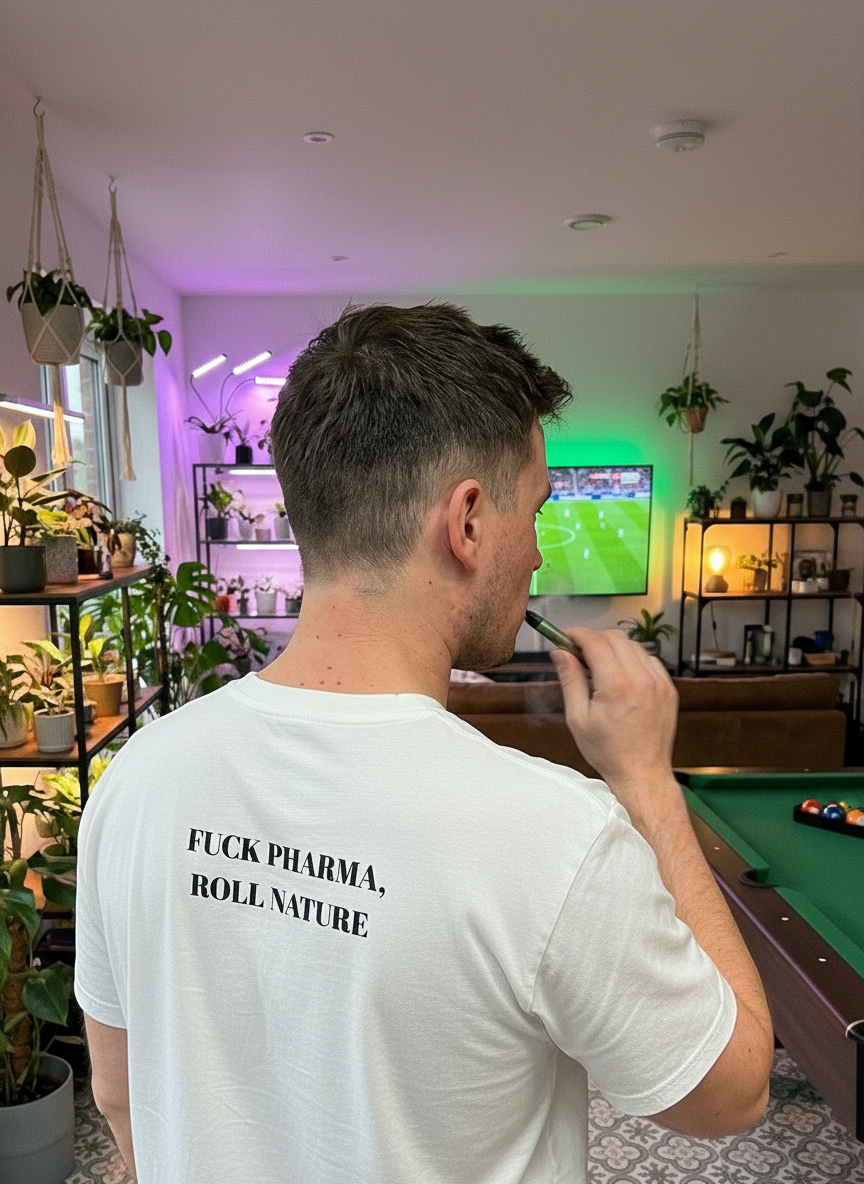 FUCK PHARMA ROLL NATURE UGC BILD mit Mann. T-Shirt weiß 