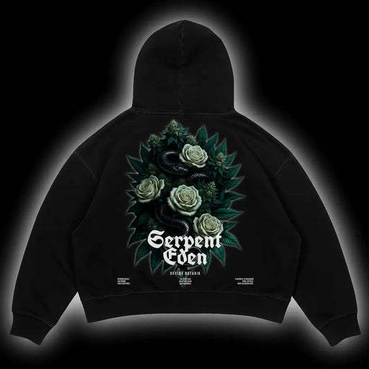 Schwarzer Oversize Hoodie Serpent Eden mit Schlangen-und-Rosen-Print in Lila oder Grün von Blaze Bae Streetwear