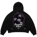 Schwarzer Oversize Hoodie Serpent Eden mit Schlangen-und-Rosen-Print in Lila oder Grün von Blaze Bae Streetwear