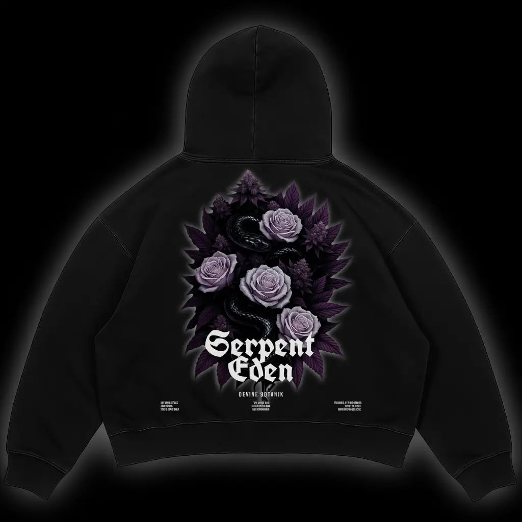 Schwarzer Oversize Hoodie Serpent Eden mit Schlangen-und-Rosen-Print in Lila oder Grün von Blaze Bae Streetwear