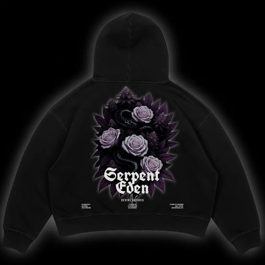Schwarzer Oversize Hoodie Serpent Eden mit Schlangen-und-Rosen-Print in Lila oder Grün von Blaze Bae Streetwear